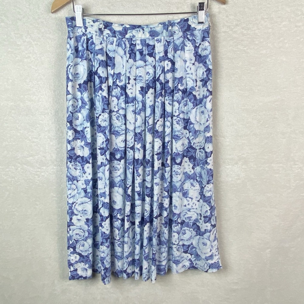 Vtg 80s Leslie Fay Sportswear Pleated Midi Skirt Sz‎ 10 Missy Blue Floral Rayon